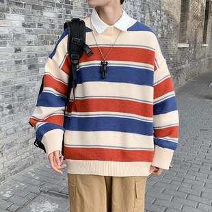 日系慵懒风条纹毛衣男痞帅圆领宽松潮流秋冬季网红港风外套针织衫