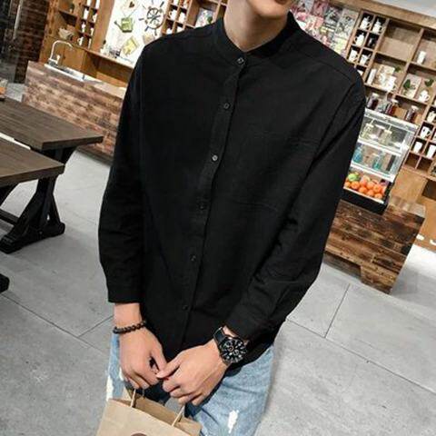 thumbnail for No collar shirt male long sleeve loose Korean version of the trend of cotton and linen Japanese wild collar linen linen men's shirt