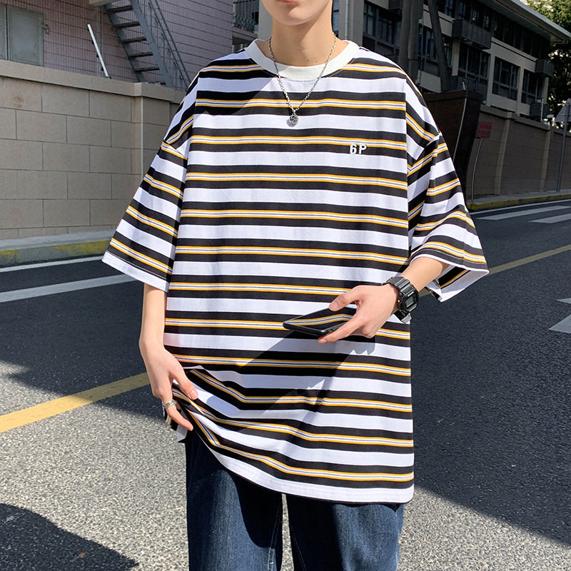 夏季慵懒风短袖t恤男ins潮牌日系宽松条纹上衣港风百搭学生五分袖