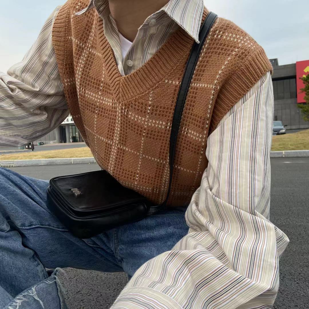 美式V领无袖马甲背心针织毛衣复古日系慵懒风vintage外套男春秋季