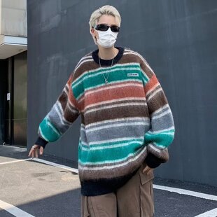 日系宽松慵懒风毛衣男2023春秋季条纹针织衫港风宽松情侣线衣外套