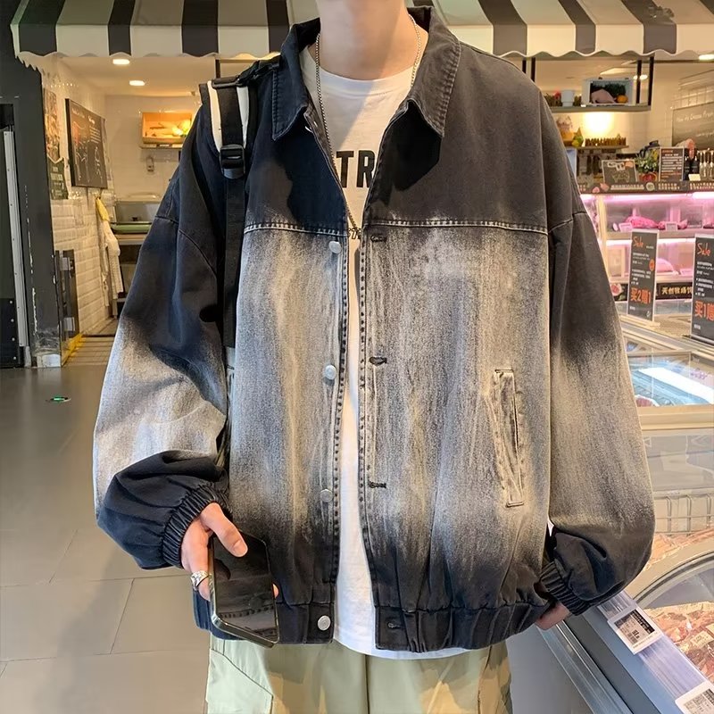 港风牛仔外套男生春秋夹克潮流新款痞帅潮牌休闲情侣渐变工装外套