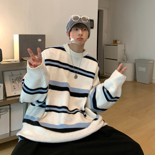 毛衣新款2021爆款秋冬慵懒风圆领条纹毛衣男学院风网红打底毛线衣