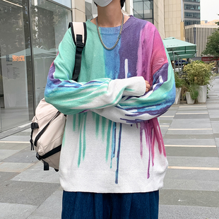 秋冬款扎染毛衣男ins韩版潮流个性宽松网红潮牌学生港风针织线衣