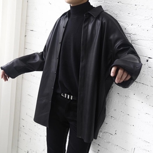 ins超火衬衫长袖上衣oversize皮衬衫皮衣外套中长款男痞帅炸街bf