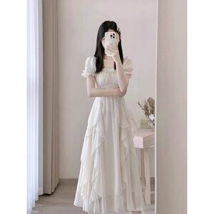 法式短袖白色连衣裙子女夏季高级感气质仙女裙收腰显瘦温柔风长裙