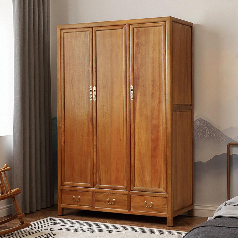 香樟木大衣柜纯实木衣柜全原木中式风自建房别墅大户型整体三门柜