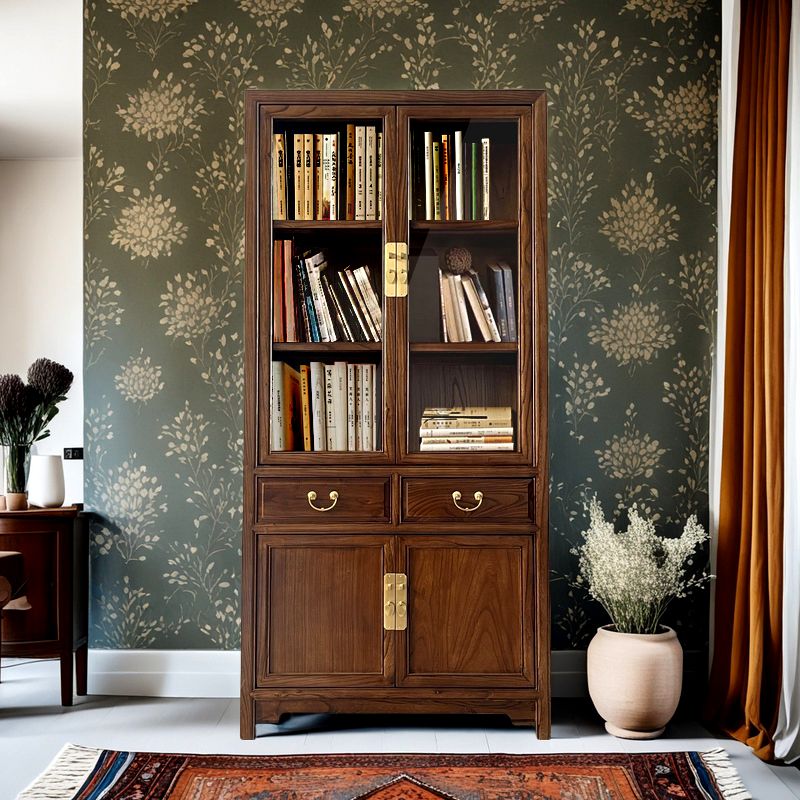 老榆木书柜新中式钢化玻璃整体