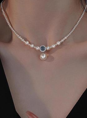 EPUU海蓝宝925纯银碎银珍珠项链