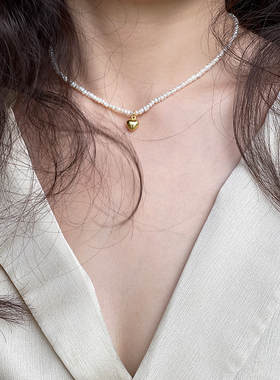 EPUU天然珍珠项链爱心复古锁骨链