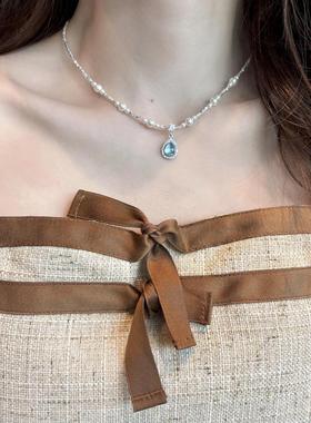 925纯银碎银子海宝蓝珍珠项链