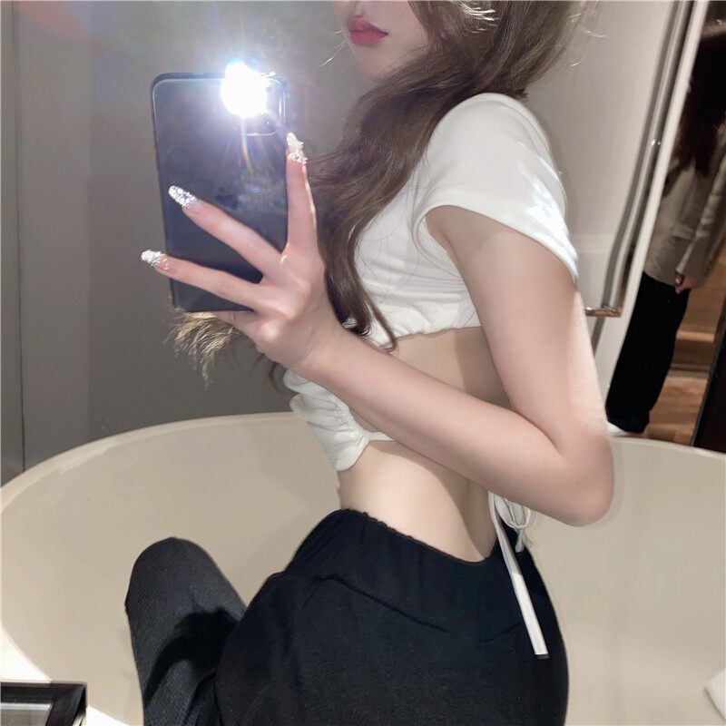 后背镂空抽绳绑带短款短袖t恤女纯欲风性感紧身露脐辣妹别致上衣