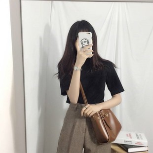 宽松显瘦纯色五分半袖 小高领短袖 韩版 夏装 黑色上衣 t恤女2020新款