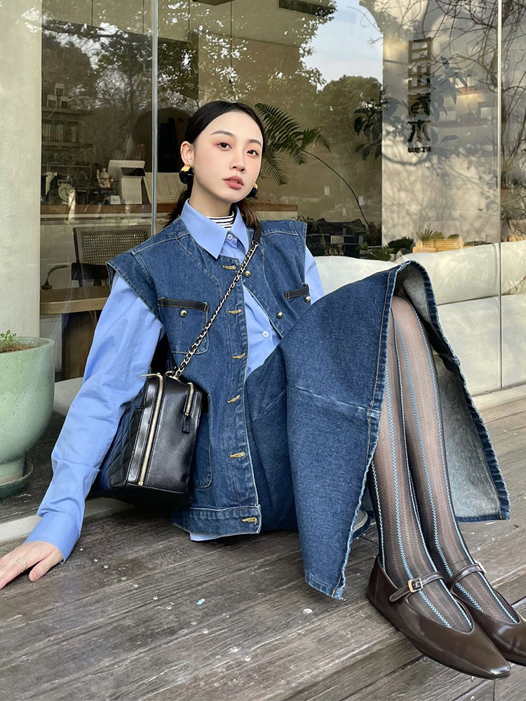 2025年秋新款女装韩系chic时髦牛仔马甲+高腰显瘦半身裙套装女