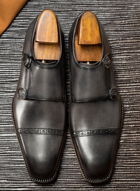 广州汉慕思轻奢灰色牛皮三接头雕花正装男皮鞋小方头搭扣孟克鞋