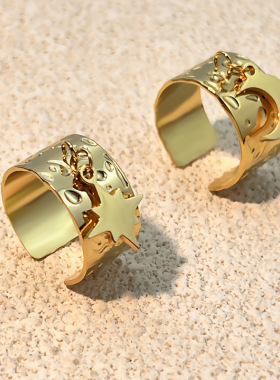 跨境中古戒指不锈钢镀18K金开口戒指小众设计高级感中东星月戒指