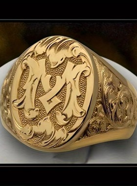 跨境热销饰品金色字母M雕花印章男戒欧美风图章男士指环