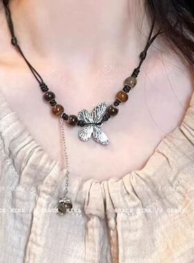 新中式民族风蝴蝶项链小众古风高级感长款编织毛衣链美拉德锁骨链