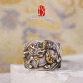 伏尔甘工兮原创手工雕刻麒麟925银24K镶嵌国潮大师手做扳指戒指男