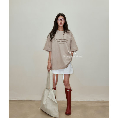 Ress.M 落肩短袖套头T恤2026春夏新款韩版宽松圆领字母上衣女装