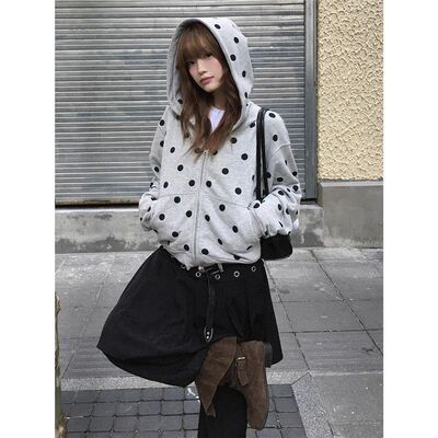 灰色圆点连帽外套女秋冬季新款加绒加厚拉链开衫卫衣外套上衣女潮