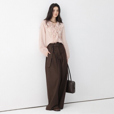 CHACHASTU法式早秋氛围感粉色荷叶边上衣女早秋高级感长袖V领衬衫