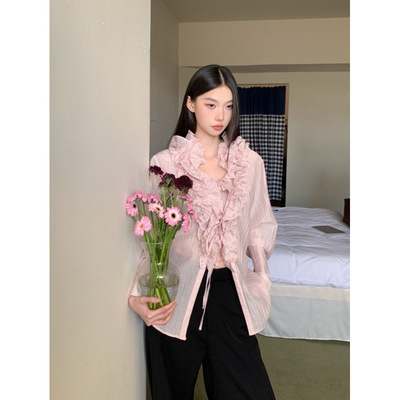 木耳边宫廷风透明感长袖开襟衬衫罩衫