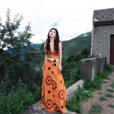 西双版纳泰国海岛旅游穿搭海边度假三亚印花连衣裙波西米亚沙滩裙