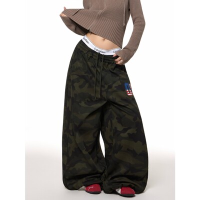 美式复古做旧数字印花迷彩卫裤街头宽松休闲baggy爵士舞阔腿长裤