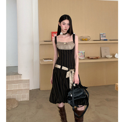 夏季新品宫廷复古条纹背心低腰半身裙花苞裙套装
