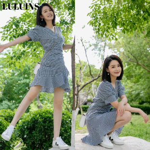 法式LULUINS新款李沁明星同款衣服夏季格子连衣裙荷叶边短裙女装