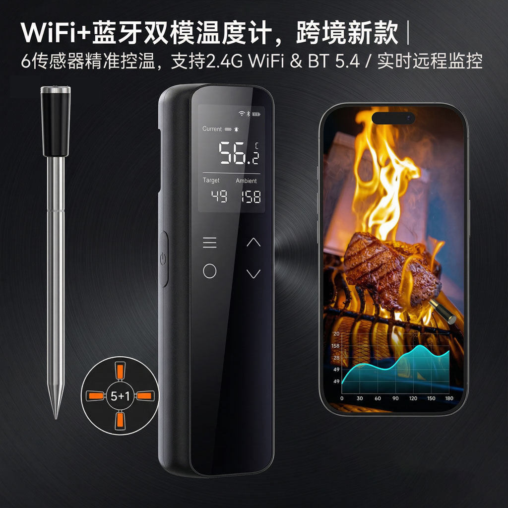 2026智能WiFi远程烧烤温度计 无线蓝牙牛排烤肉慢煮烟熏炉温度计