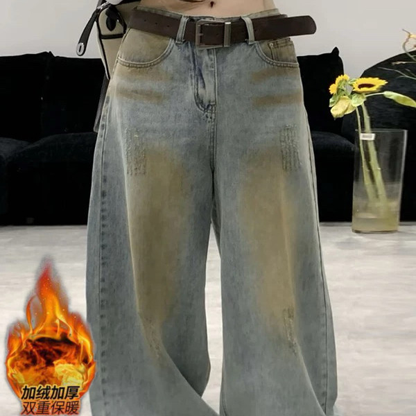 美式复古做旧加绒加厚弯刀牛仔裤女冬季新款辣妹垂感低腰阔腿裤子,女装/女士精品,牛仔裤,淘宝优惠券,粉丝福利购,淘宝优惠卷