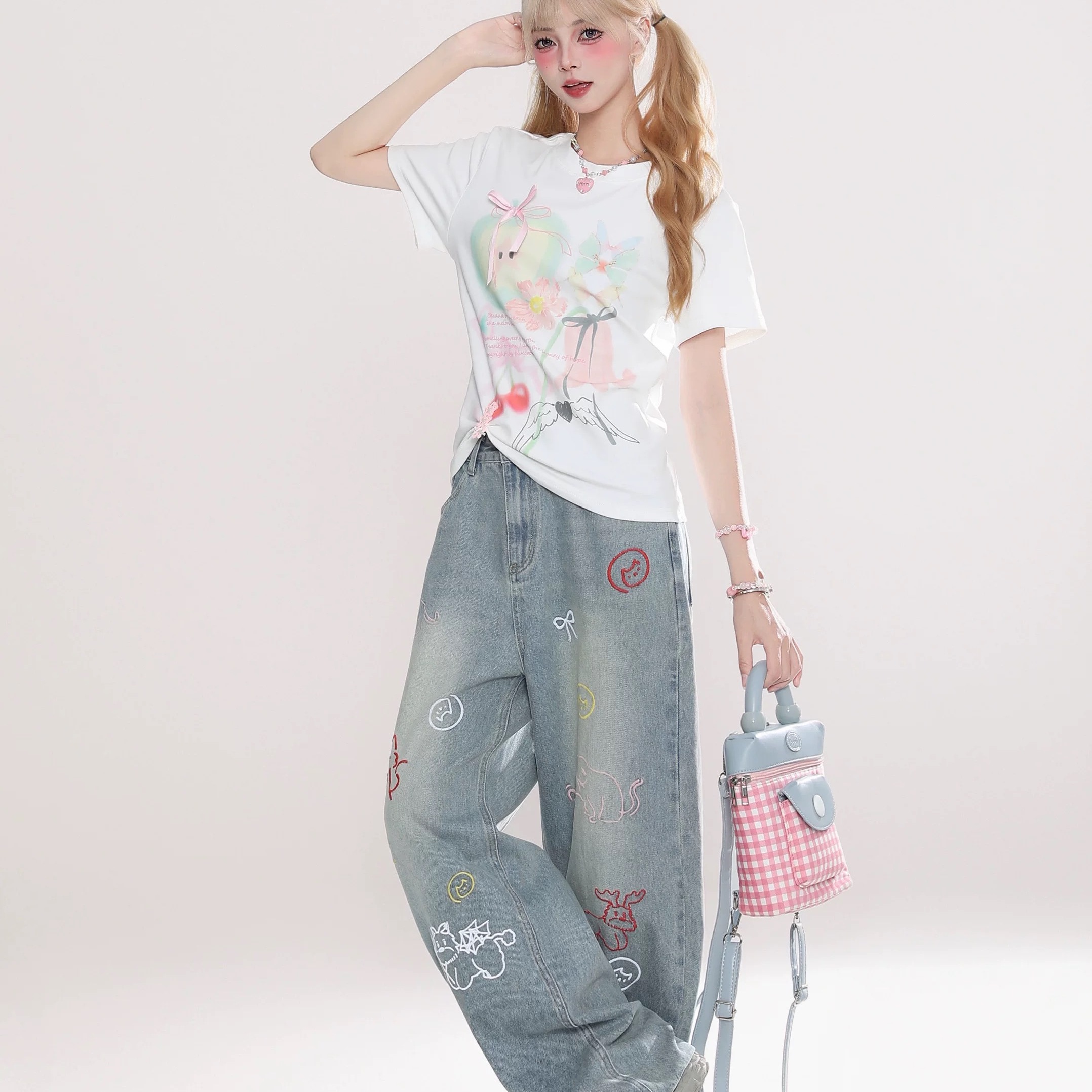 美式复古新款卡通刺绣阔腿牛仔裤