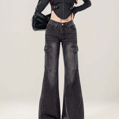 小个子黑色水洗工装微喇叭牛仔裤