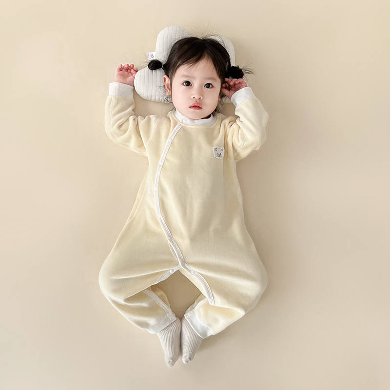 婴儿秋冬加绒连体衣新生儿哈衣长袖斜开无骨一体绒宝宝护肚保暖衣