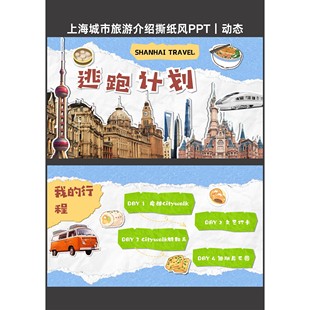 C130 城市系列撕纸风拼贴风旅游上海旅游攻略ppt模板