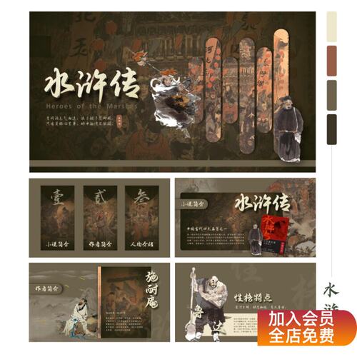C231水浒传主题中国风人物介绍读书分享动态课件PPT模板