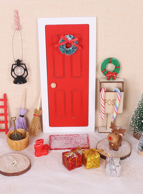 Dollhouse微缩圣诞场景装饰摆件红色门庭精灵门花环娃娃屋配件diy