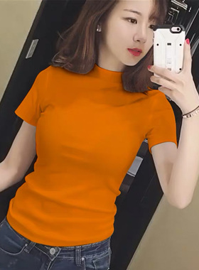橙色半高领短袖t恤女夏季纯棉打底衫内搭洋气修身正肩中领上衣潮