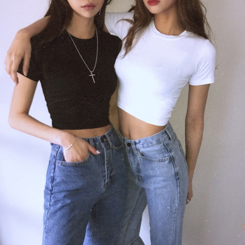 黑色半高领短款t恤女短袖夏漏肚脐辣妹修身高腰露脐中领正肩上衣