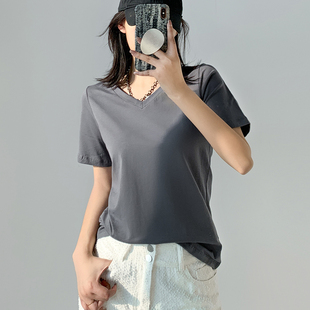 烟灰色宽松短袖t恤女夏季纯棉v领打底衫内搭休闲大码显瘦正肩上衣