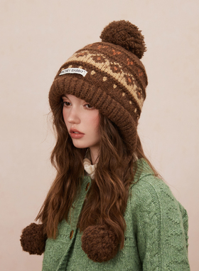 咖啡色费尔岛护耳帽女生冬天可爱毛球飞行帽户外骑车保暖针织帽子