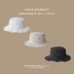 日系文艺条纹渔夫帽高品质棉麻褶皱平顶盆帽轻薄透气遮阳帽子男女