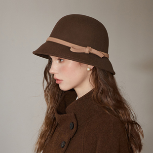 100%羊毛千金风礼帽女生法式优雅赫本风圆顶盆帽秋冬蝴蝶结毛毡帽