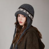 灰色民族风护耳帽子冬季 防寒保暖飞行帽厚款 提花费尔岛针织雷锋帽