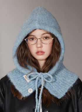 蓝色巴拉克拉法帽韩版高级时髦帽子围巾一体25年新款护耳雷锋帽女