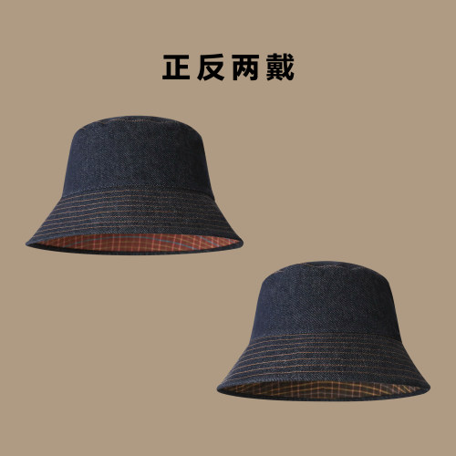 胡茬叔叔双面戴复古格纹牛仔帽子