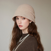 100%羊毛盆帽女生秋冬保暖纯色渔夫帽小众设计款 褶皱日系水桶帽子