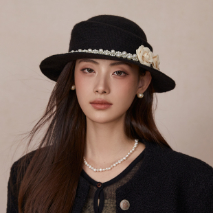 法式复古赫本风礼帽小香风珍珠山茶花渔夫帽秋冬优雅千金风帽子女